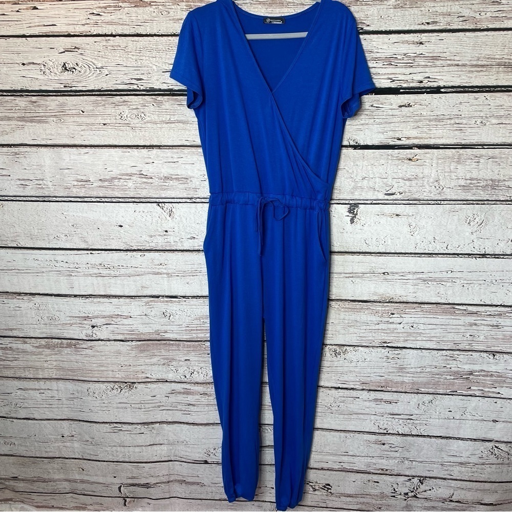PrettyGarden Size Medium Blue Jumpsuit‎ Jogger Bottoms Short Sleeves V-Neck